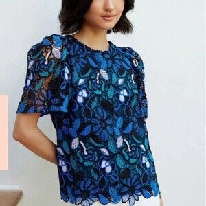 Abbey Glass Marty Woven Floral Lace Crew Neck Puff Sleeve Blouse Sz S Small EUC!